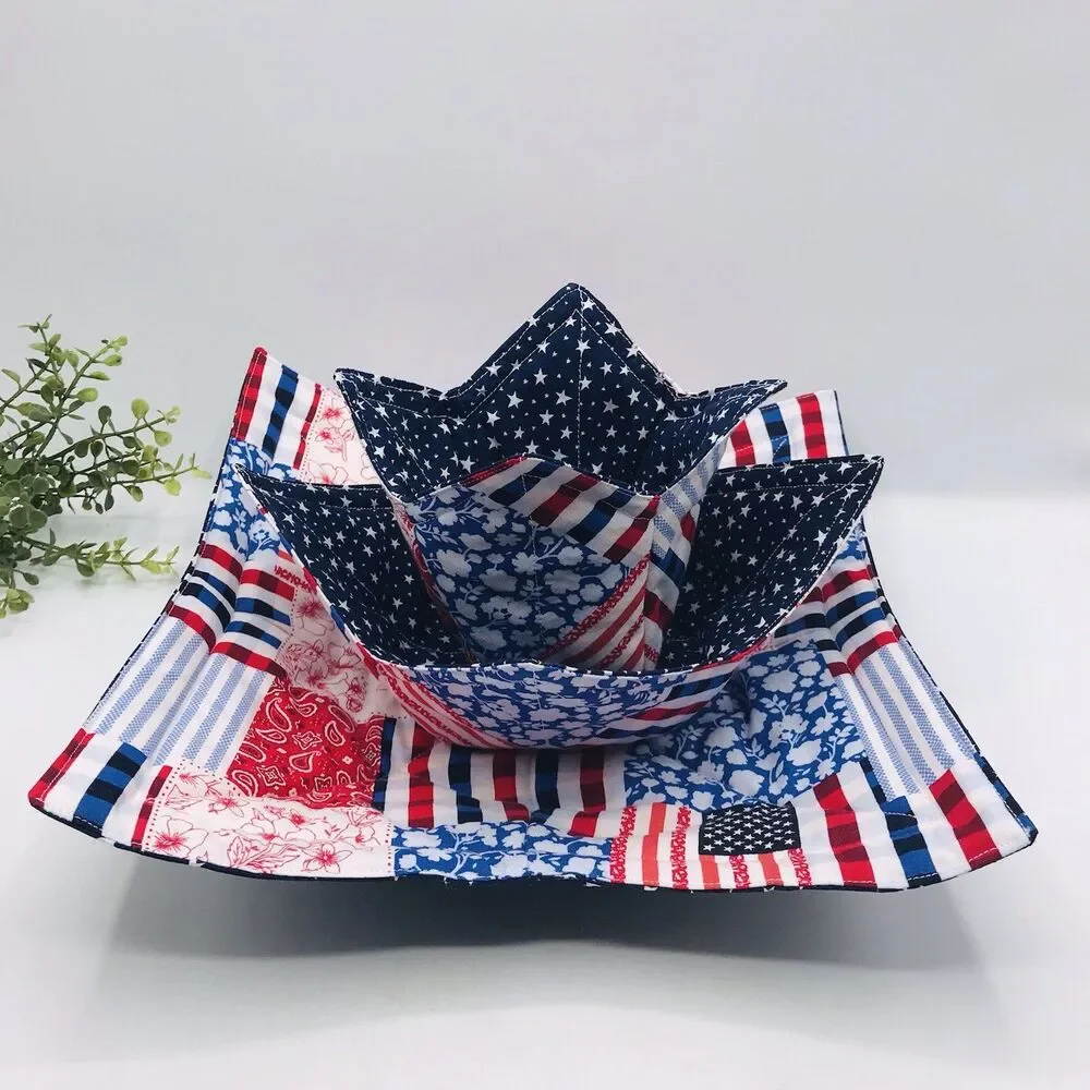 3 Piece Set Microwave Cozies, Reversible Patriotic Patchwork, Plate, Bowl, Pint